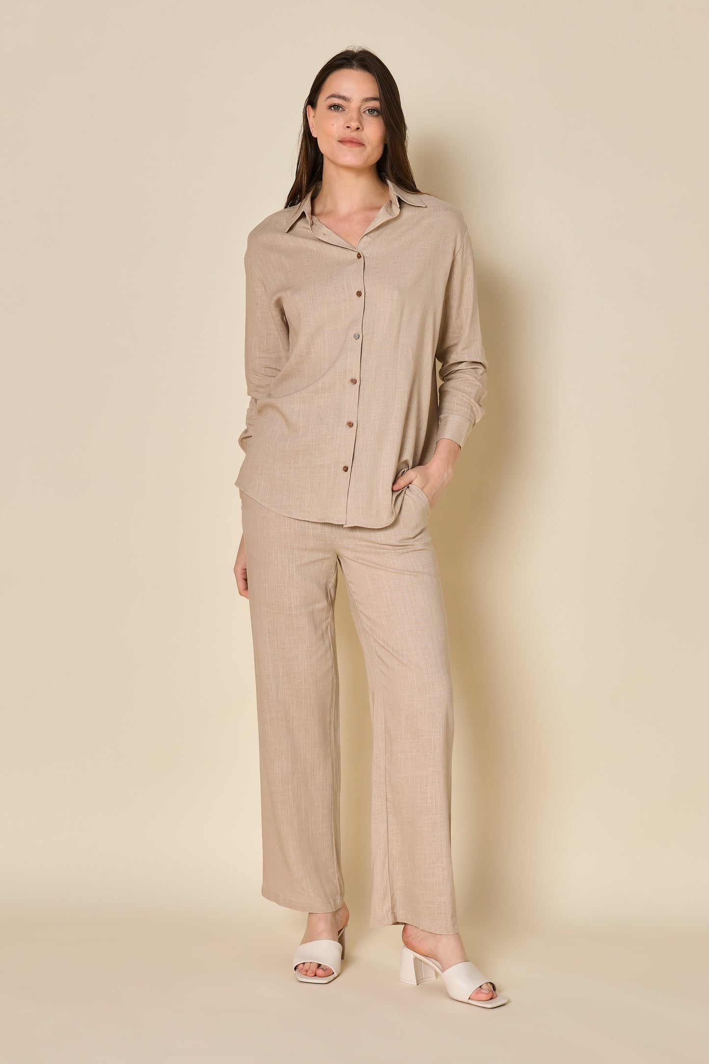 Dames Huispak Taupe Linnen Blouse