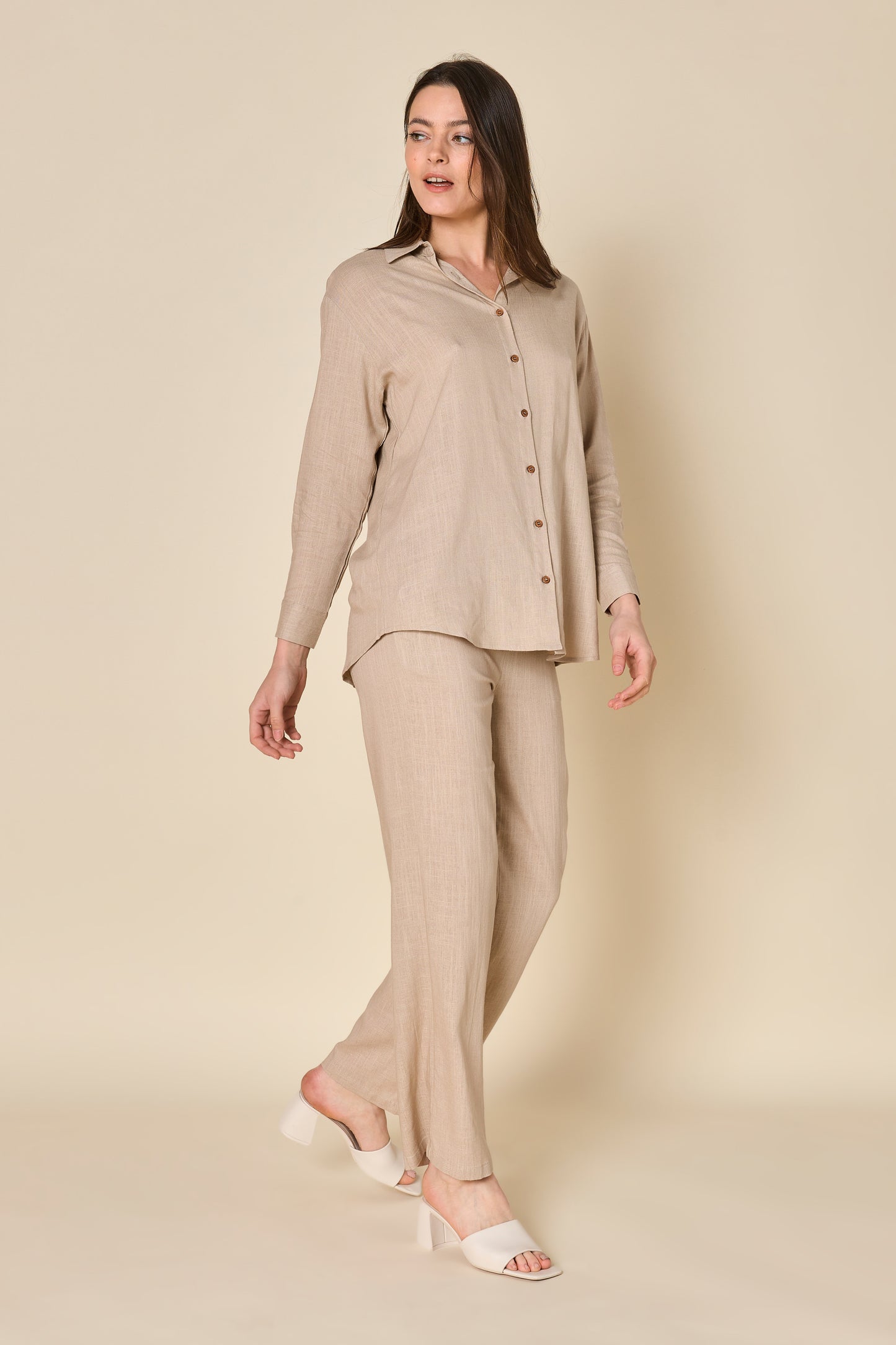 Dames Huispak Taupe Linnen Blouse Loop