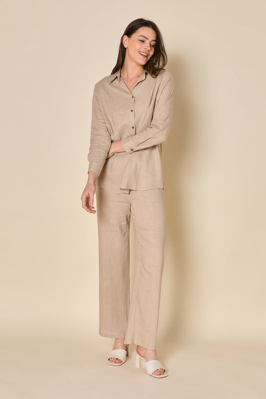 Dames Huispak Taupe Linnen Blouse Staand