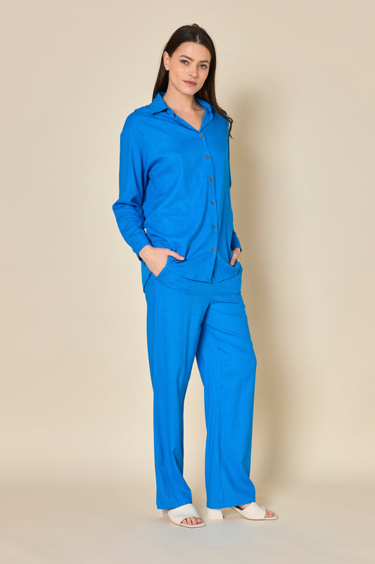 Dames Huispak Blauw Linnen Blouse Set Voor 2